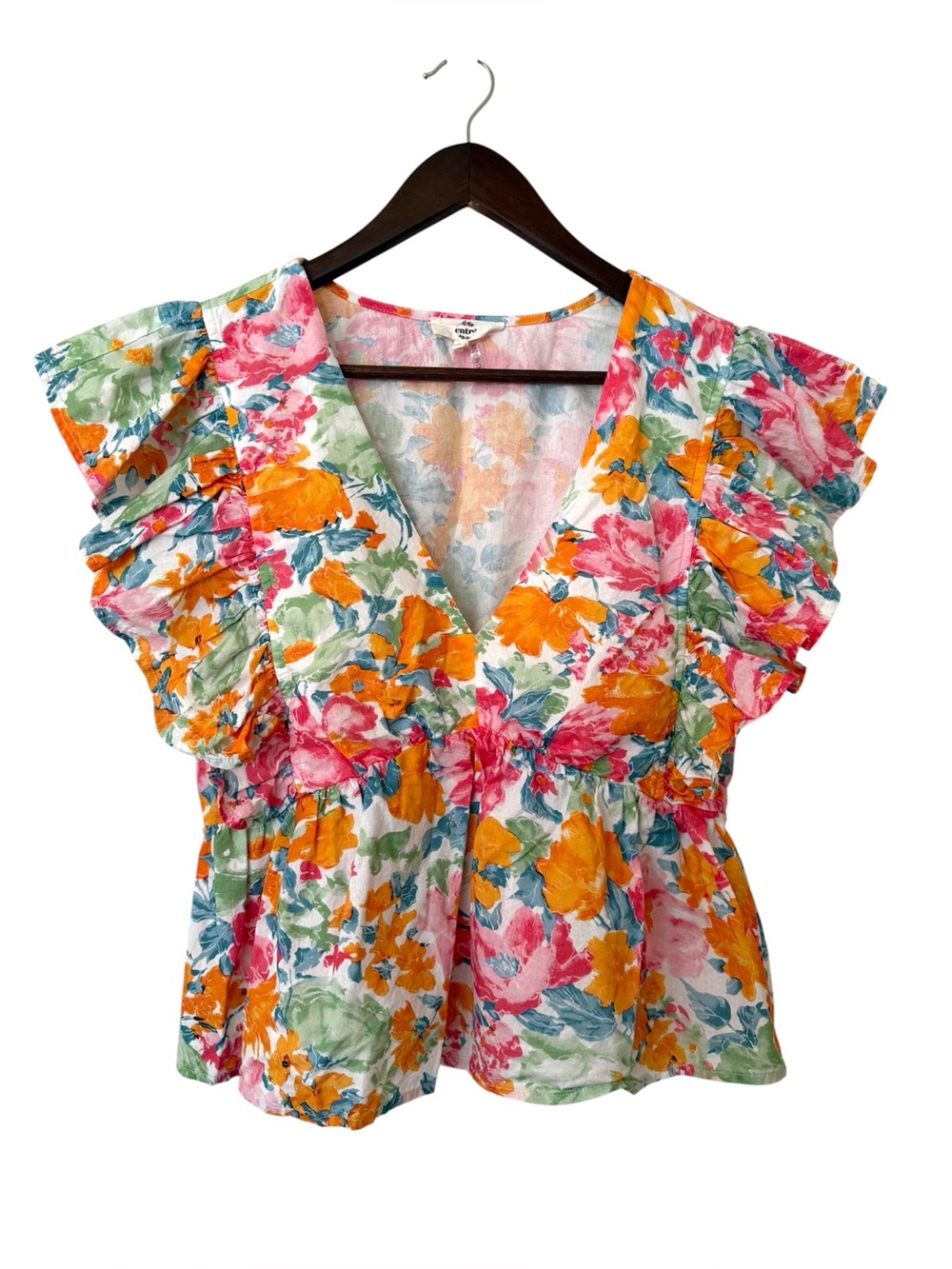 Entro Floral V-Neck Ruffle Sleeve Top - Pink & Orange